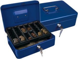 Caja caudales q-connect 10" 250x180x90 mm azul con portamonedas.